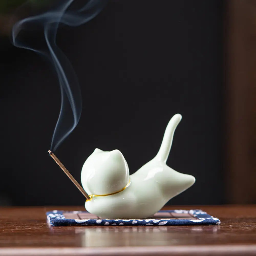 Lovely Cat Panda Ceramic Blessing Incense Burner Decoration - Honeydew Cat Incense Holder - Incense Burner