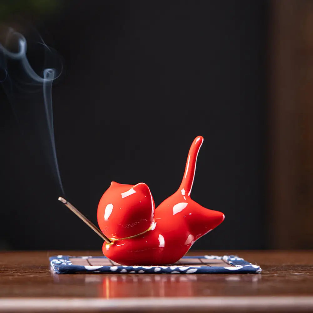 Lovely Cat Panda Ceramic Blessing Incense Burner Decoration - Red Cat Incense Holder - Incense Burner