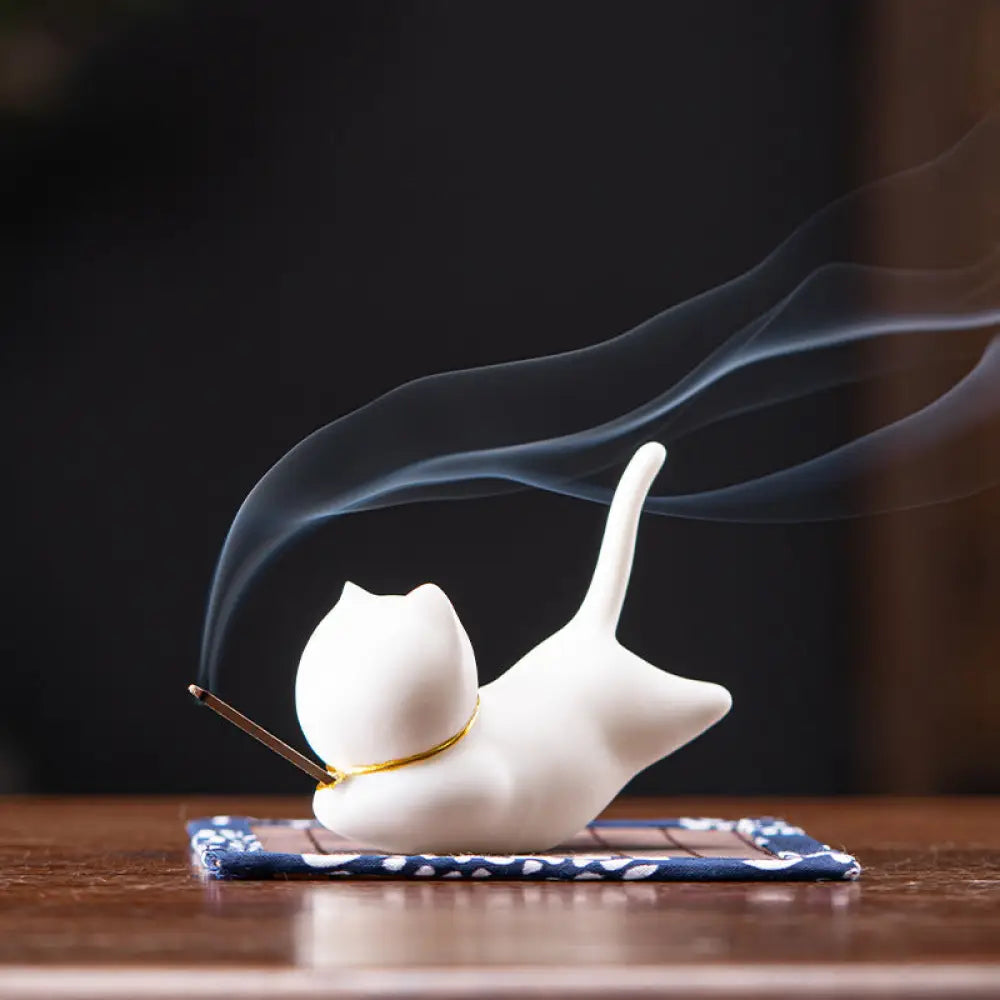 Lovely Cat Panda Ceramic Blessing Incense Burner Decoration - White Cat Incense Holder - Incense Burner