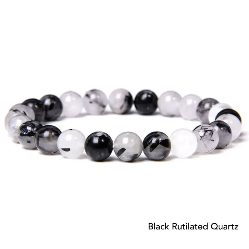 Natural Agate Stone Crystal Balance Beaded Bracelet - BWOOOH - Black Rutilated Quartz - Bracelet