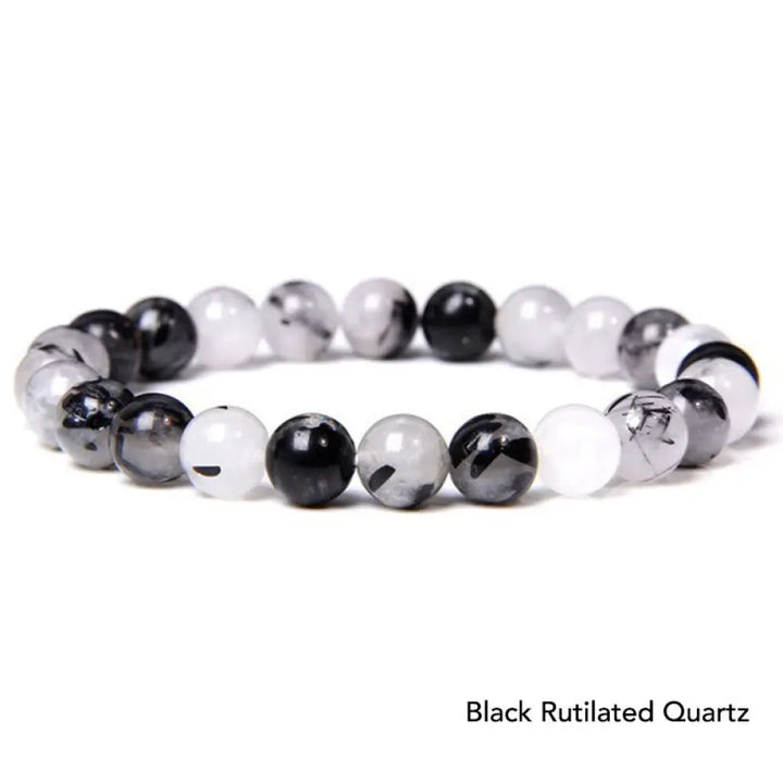 Natural Agate Stone Crystal Balance Beaded Bracelet - BWOOOH - Black Rutilated Quartz - Bracelet