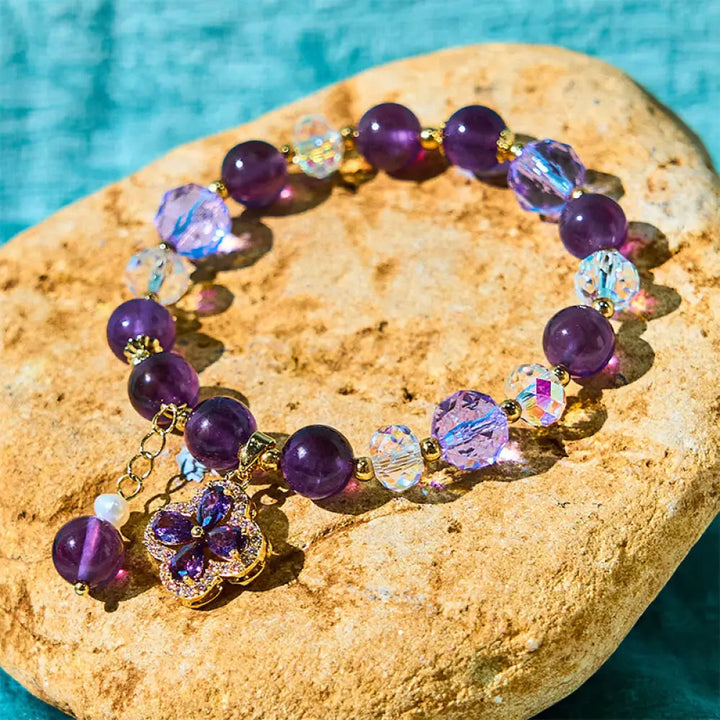 BWOOOH Natural Amethyst Pearl Flower Charm Positive Transformation Bracelet — Amethyst crystal healing bracelet for spirit...