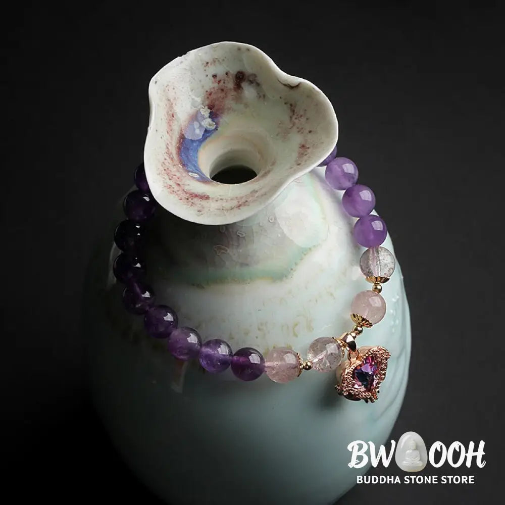 Natural Amethyst Strawberry Quartz Crystal Fortune Bracelet - Amethyst &amp; Strawberry Quartz - Bracelet