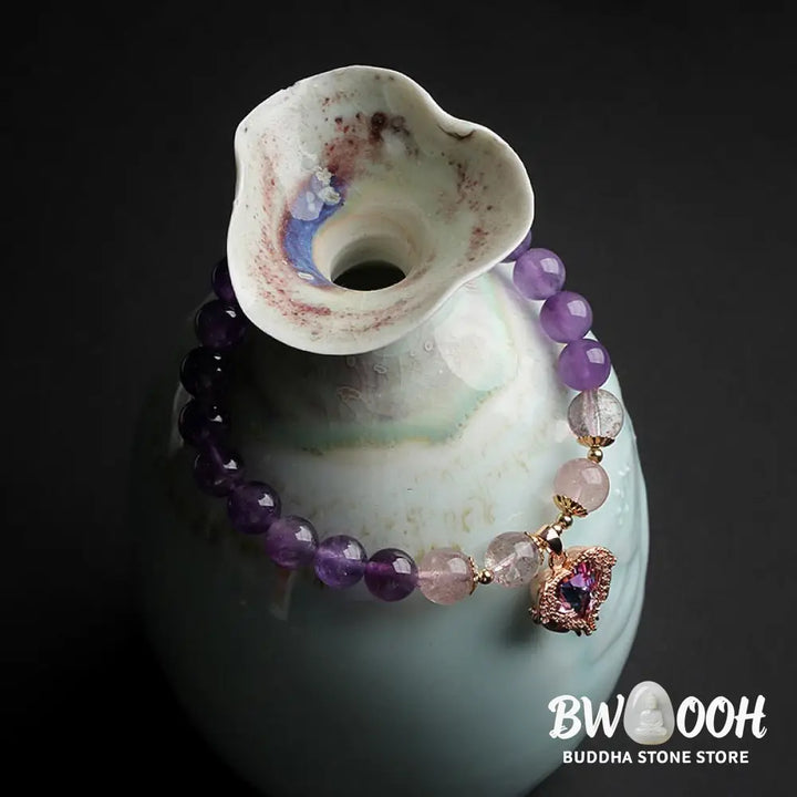 Natural Amethyst Strawberry Quartz Crystal Fortune Bracelet - Amethyst &amp; Strawberry Quartz - Bracelet