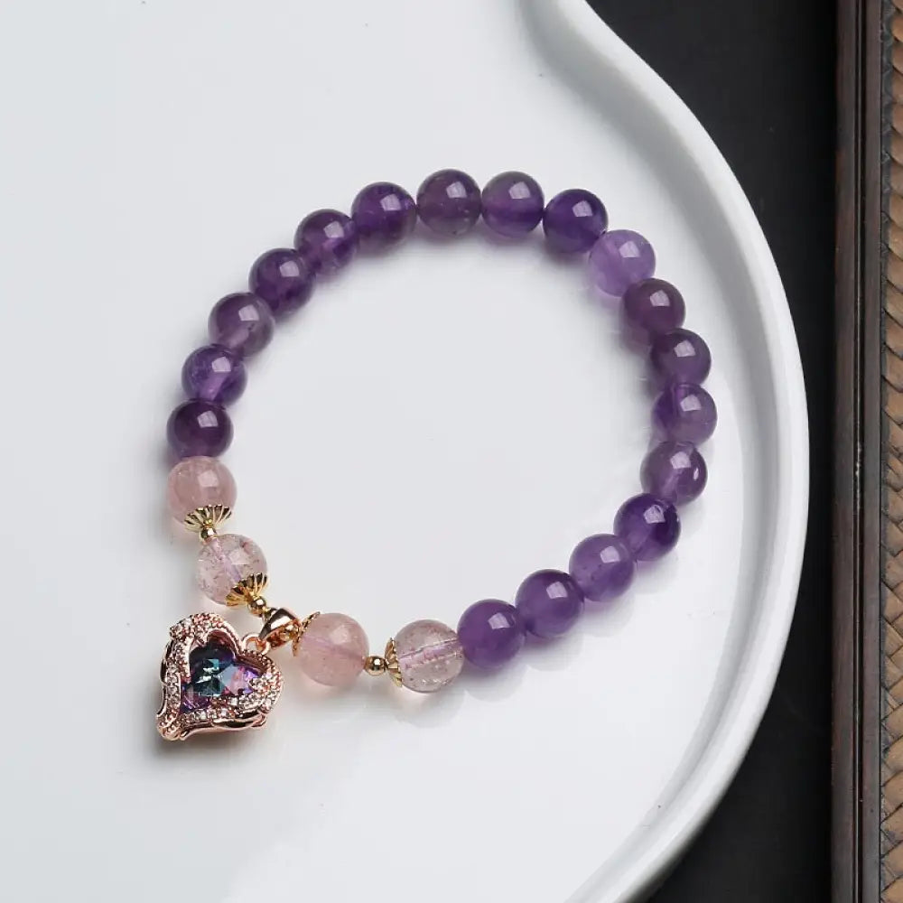 Natural Amethyst Strawberry Quartz Crystal Fortune Bracelet - Amethyst & Strawberry Quartz - Bracelet
