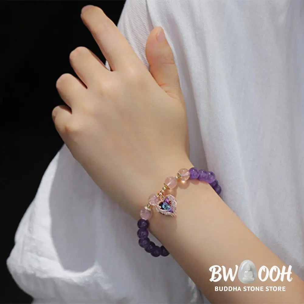 Natural Amethyst Strawberry Quartz Crystal Fortune Bracelet - Amethyst &amp; Strawberry Quartz - Bracelet