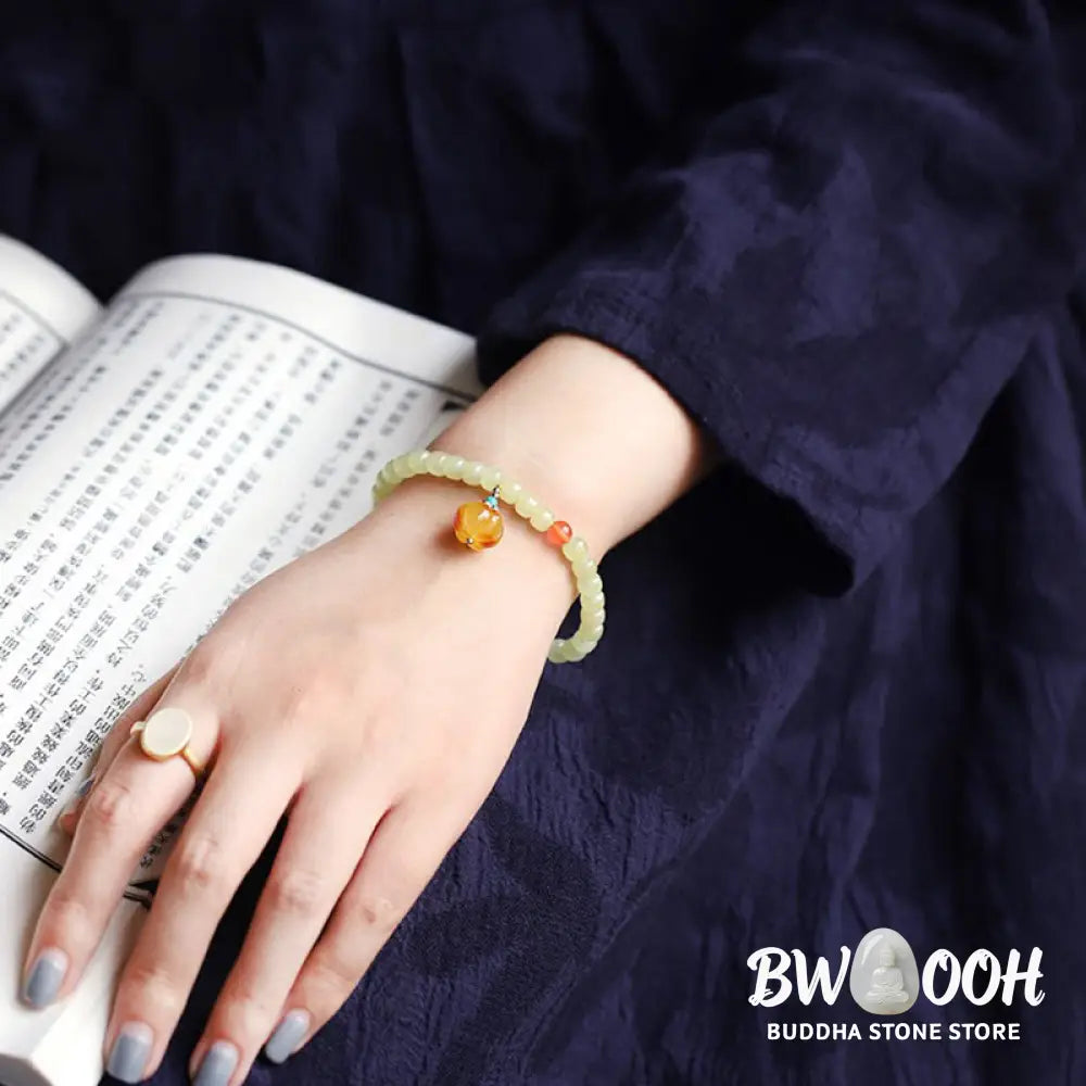Natural Hetian Jade Pumpkin Amber Red Agate Crystal Prosperity Bracelet - BWOOOH - Hetian Jade&amp;Amber&amp;Red Agate