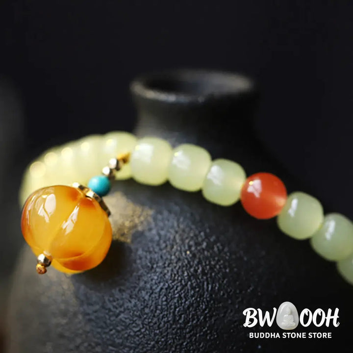 Natural Hetian Jade Pumpkin Amber Red Agate Crystal Prosperity Bracelet - BWOOOH - Hetian Jade&amp;Amber&amp;Red Agate
