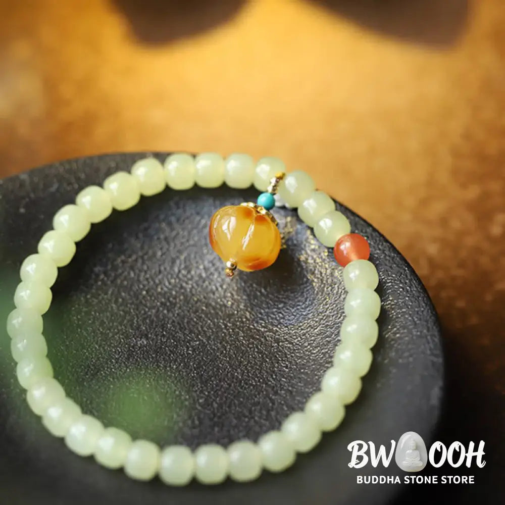 Natural Hetian Jade Pumpkin Amber Red Agate Crystal Prosperity Bracelet - BWOOOH - Hetian Jade&amp;Amber&amp;Red Agate