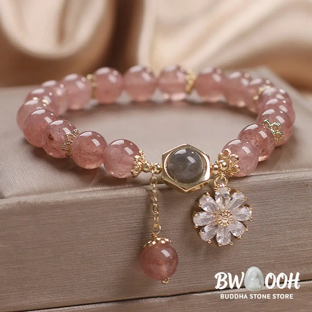 Natural Strawberry Quartz Crystal Daisy Flower Charm Positive Healing Bracelet - Strawberry Quartz(Love♥Healing) Wrist