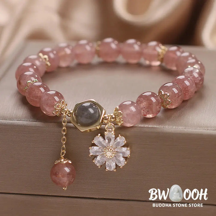 Natural Strawberry Quartz Crystal Daisy Flower Charm Positive Healing Bracelet - Strawberry Quartz(Love♥Healing) Wrist