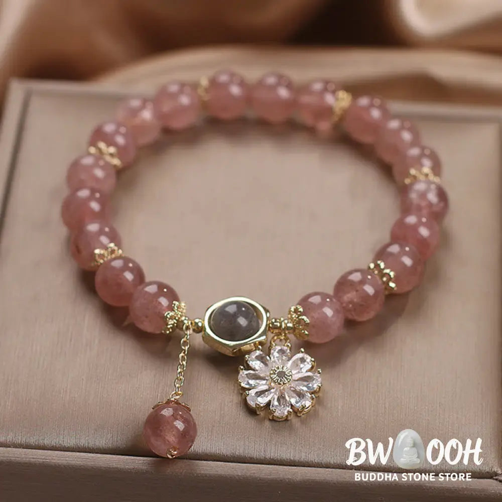 Natural Strawberry Quartz Crystal Daisy Flower Charm Positive Healing Bracelet - Strawberry Quartz(Love♥Healing) Wrist