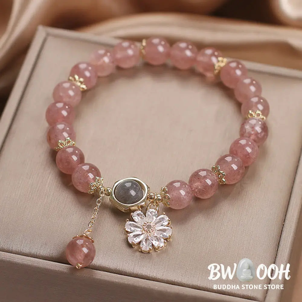 Natural Strawberry Quartz Crystal Daisy Flower Charm Positive Healing Bracelet - Strawberry Quartz(Love♥Healing) Wrist