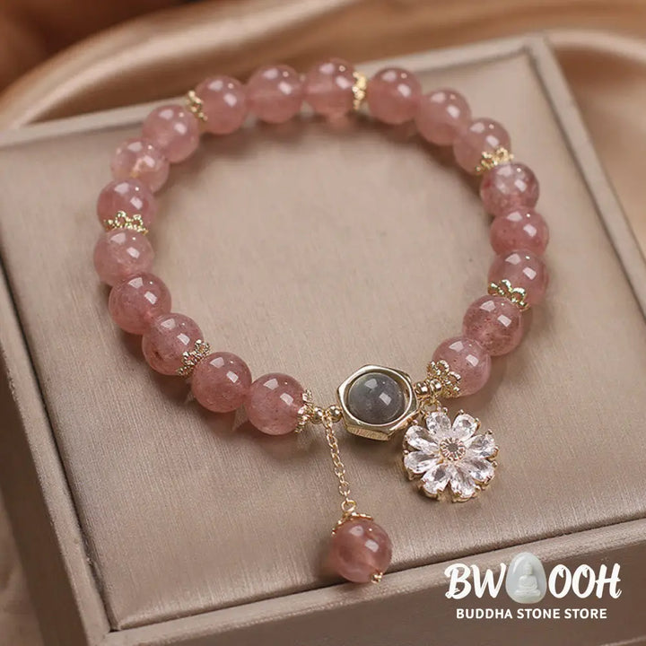 Natural Strawberry Quartz Crystal Daisy Flower Charm Positive Healing Bracelet - Strawberry Quartz(Love♥Healing) Wrist