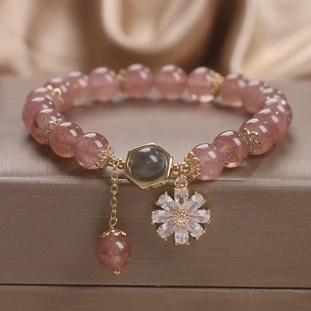 Natural Strawberry Quartz Crystal Daisy Flower Charm Positive Healing Bracelet - Strawberry Quartz(Love♥Healing) Wrist