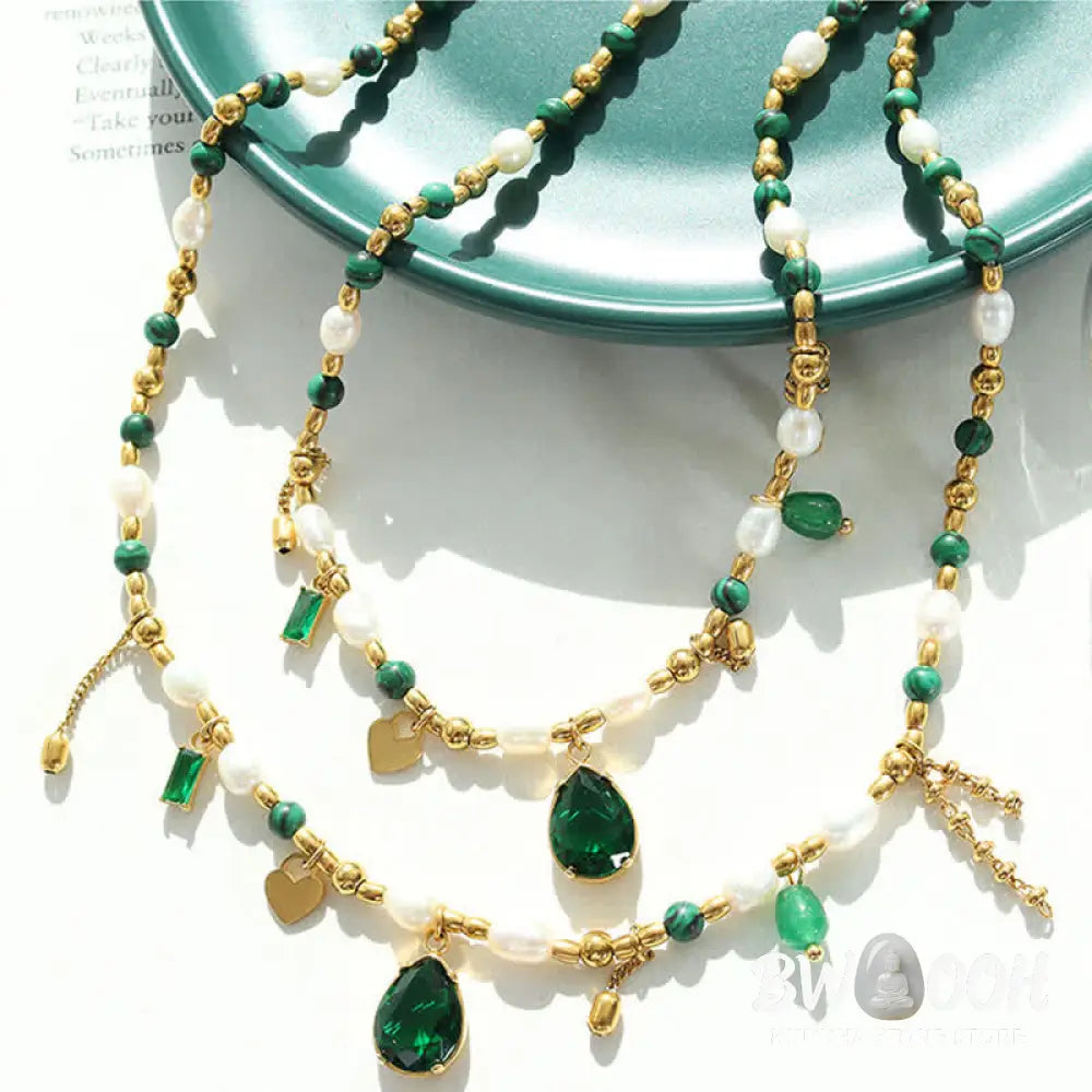 Pearl Bead Zircon Turquoise Calm Necklace Pendant - BWOOOH - Pearl (Happiness ♥ Calm) - Necklaces &amp; Pendants