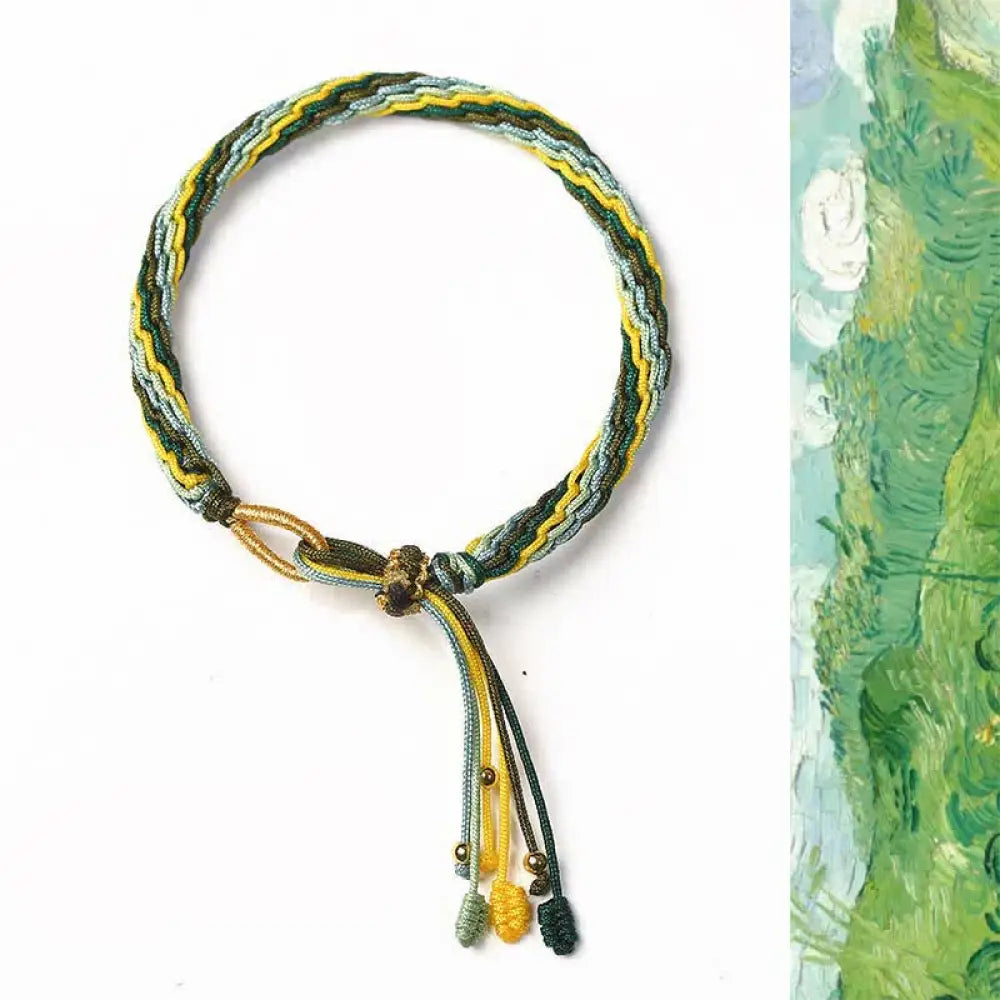 Reincarnation Knot Luck String Protection Braid Bracelet - BWOOOH - Green&amp;Yellow (Wrist Circumference 14-20cm)