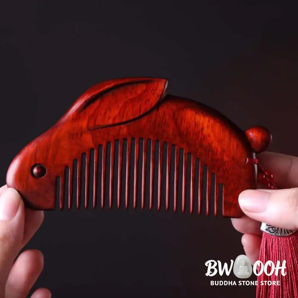 Small Leaf Red Sandalwood Cute Bunny Rabbit Sooth Comb With Gift Box - Small Leaf Red Sandalwood 125*65*12mm - Comb