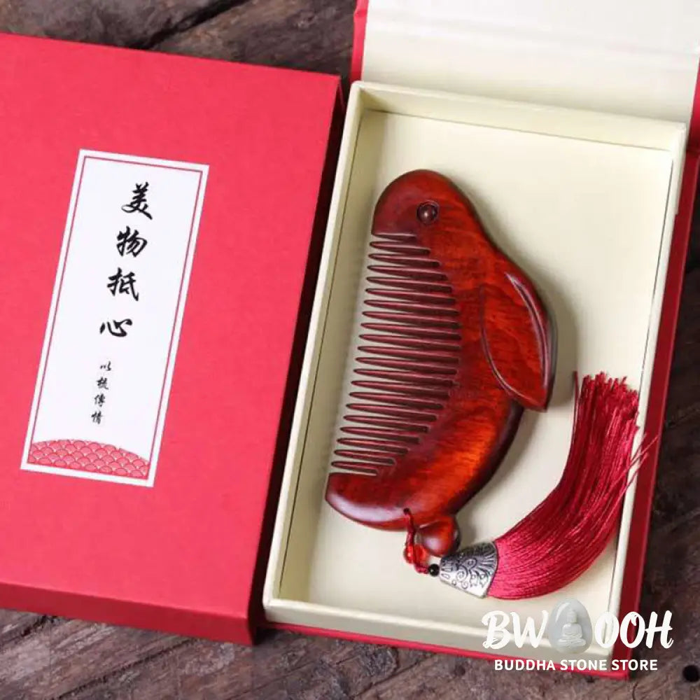 Small Leaf Red Sandalwood Cute Bunny Rabbit Sooth Comb With Gift Box - Small Leaf Red Sandalwood 125*65*12mm - Comb