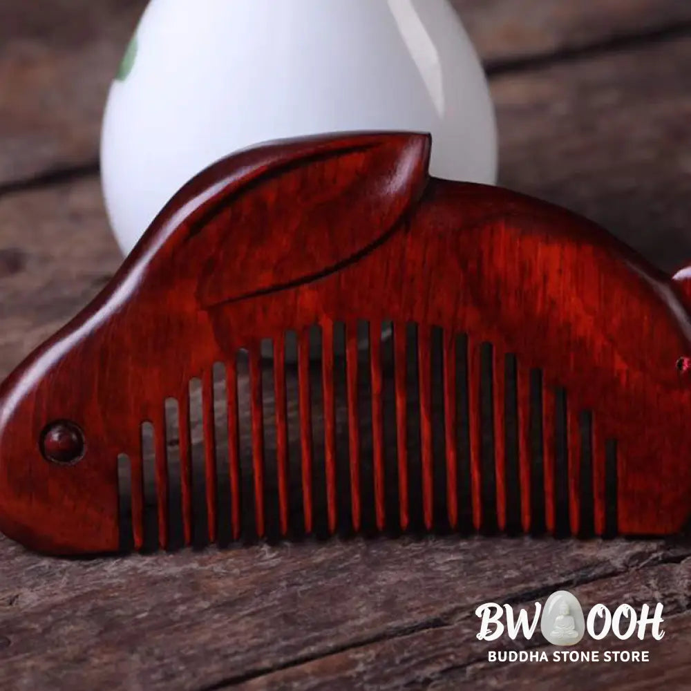 Small Leaf Red Sandalwood Cute Bunny Rabbit Sooth Comb With Gift Box - Small Leaf Red Sandalwood 125*65*12mm - Comb