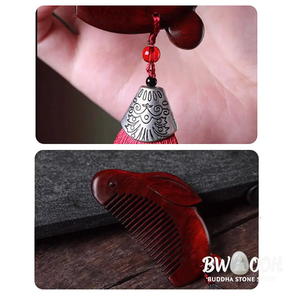 Small Leaf Red Sandalwood Cute Bunny Rabbit Sooth Comb With Gift Box - Small Leaf Red Sandalwood 125*65*12mm - Comb