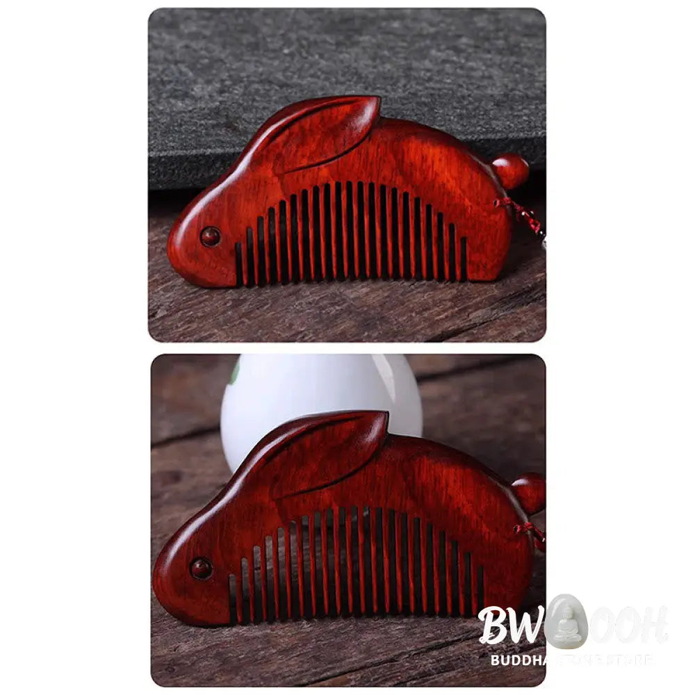 Small Leaf Red Sandalwood Cute Bunny Rabbit Sooth Comb With Gift Box - Small Leaf Red Sandalwood 125*65*12mm - Comb