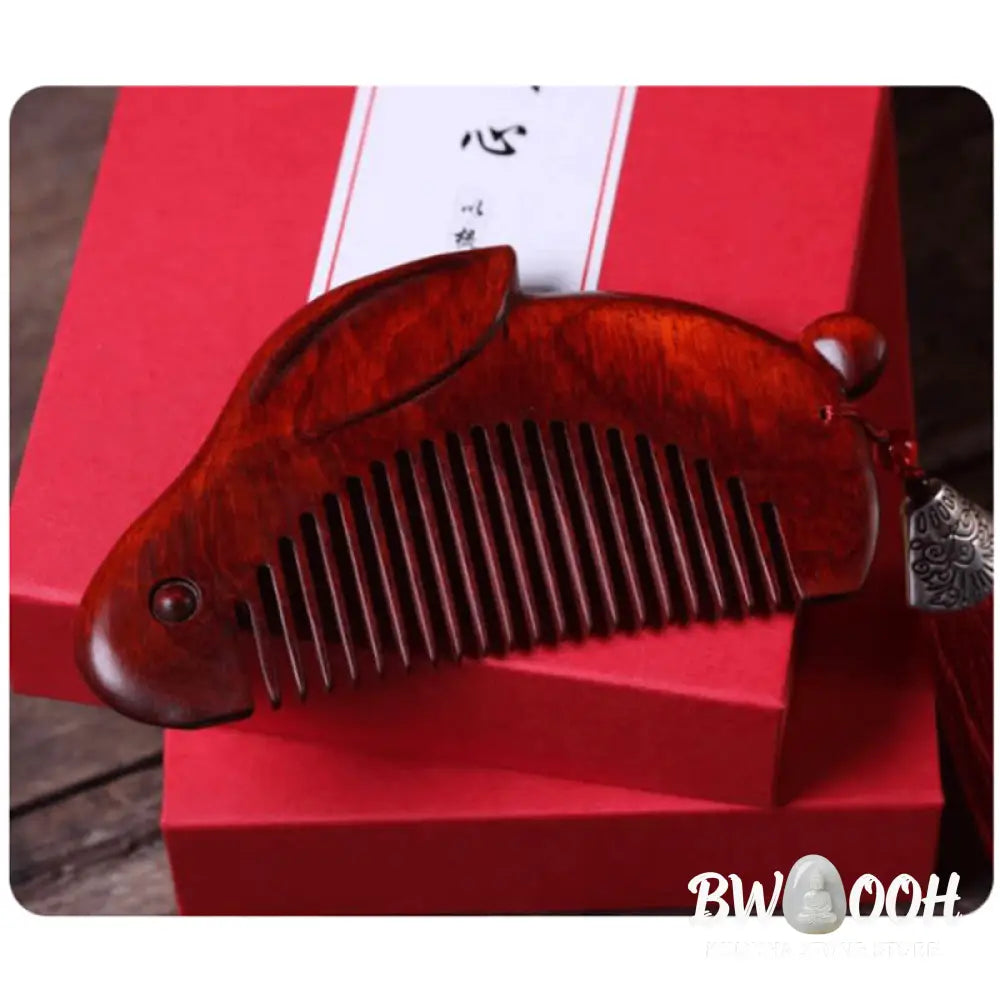 Small Leaf Red Sandalwood Cute Bunny Rabbit Sooth Comb With Gift Box - Small Leaf Red Sandalwood 125*65*12mm - Comb