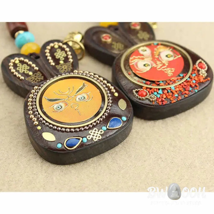 Tibet Ebony Five God of Wealth Thangka Key Chain - Key Chain