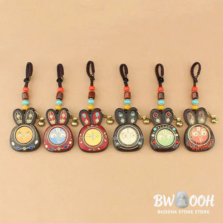 Tibet Ebony Five God of Wealth Thangka Key Chain - Key Chain