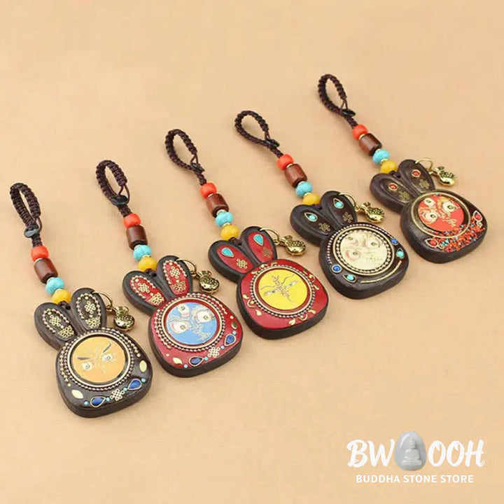 Tibet Ebony Five God of Wealth Thangka Key Chain - Key Chain