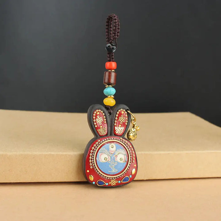 Tibet Ebony Five God of Wealth Thangka Key Chain - Blue God of Wealth - Key Chain