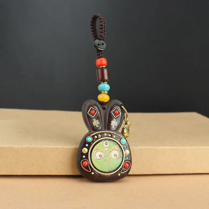 Tibet Ebony Five God of Wealth Thangka Key Chain - Green God of Wealth - Key Chain
