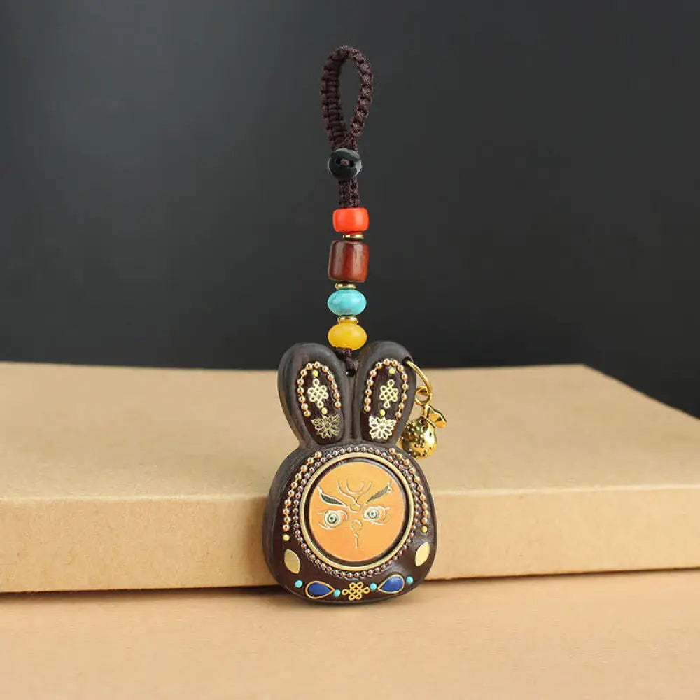 Tibet Ebony Five God of Wealth Thangka Key Chain - Orange God Of Wealth - Key Chain