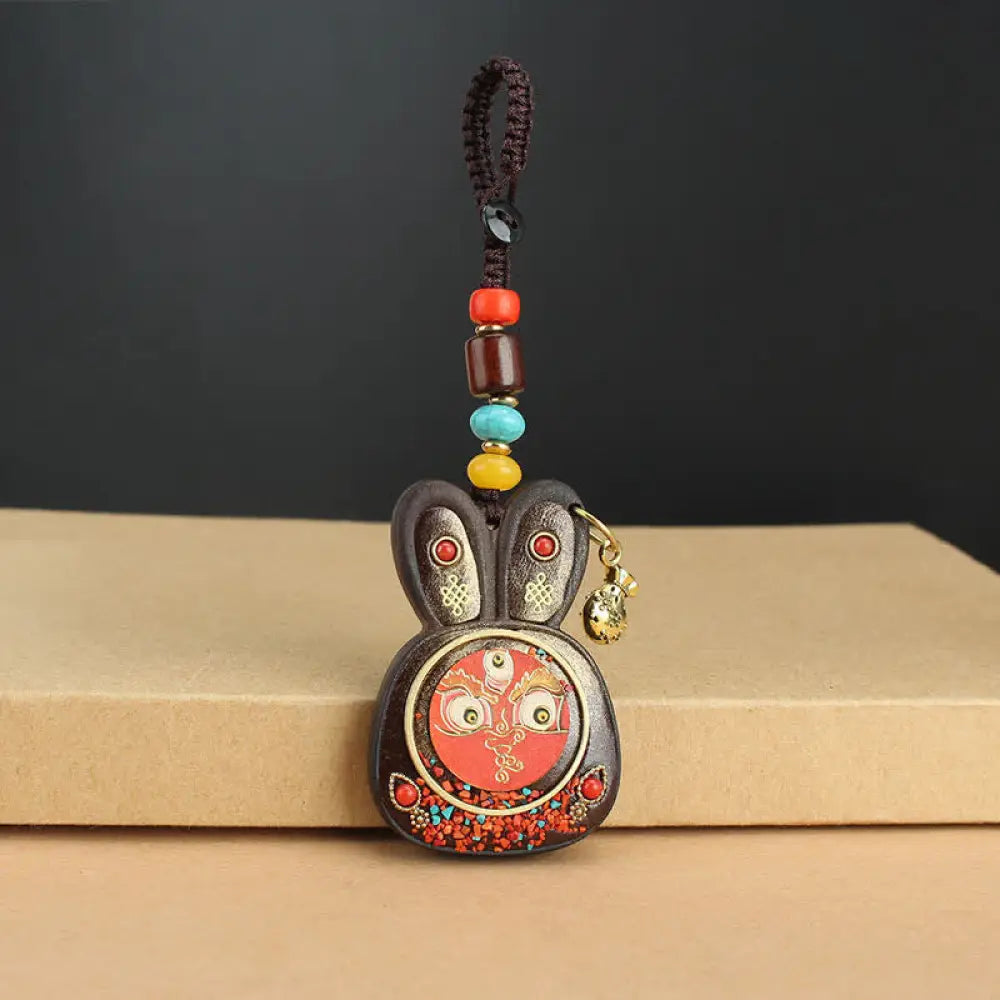 Tibet Ebony Five God of Wealth Thangka Key Chain - Red God of Wealth - Key Chain