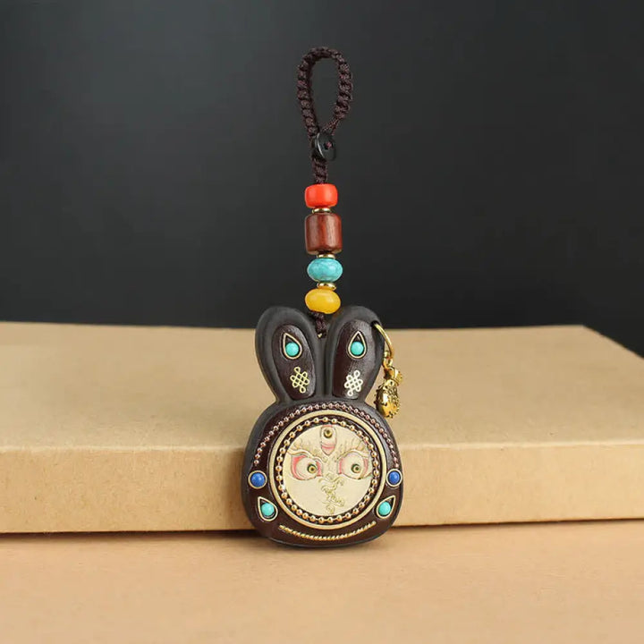 Tibet Ebony Five God of Wealth Thangka Key Chain - White God of Wealth - Key Chain