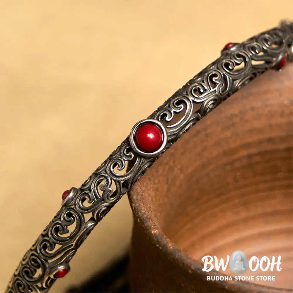 Vintage Tang Dynasty Flower Design Engraved Red Agate Copper Luck Bracelet Bangle - Tang Dynasty Flower