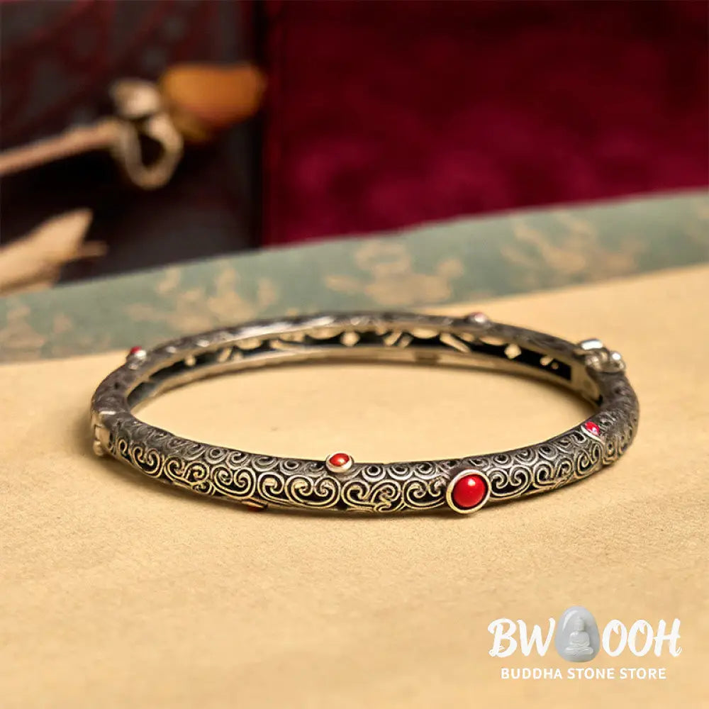 Vintage Tang Dynasty Flower Design Engraved Red Agate Copper Luck Bracelet Bangle - Tang Dynasty Flower