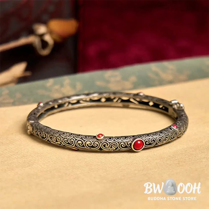 Vintage Tang Dynasty Flower Design Engraved Red Agate Copper Luck Bracelet Bangle - Tang Dynasty Flower