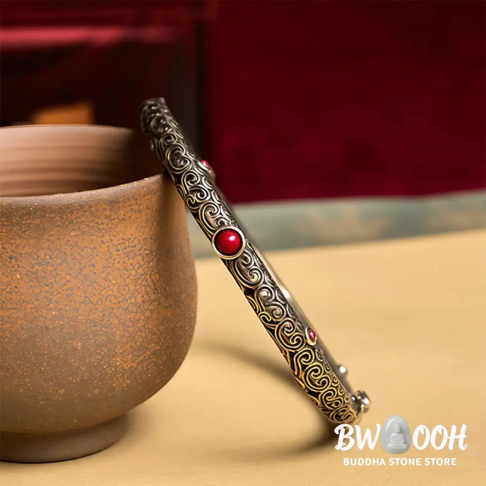 Vintage Tang Dynasty Flower Design Engraved Red Agate Copper Luck Bracelet Bangle - Tang Dynasty Flower