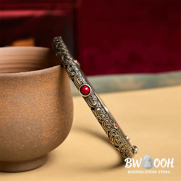 Vintage Tang Dynasty Flower Design Engraved Red Agate Copper Luck Bracelet Bangle - Tang Dynasty Flower