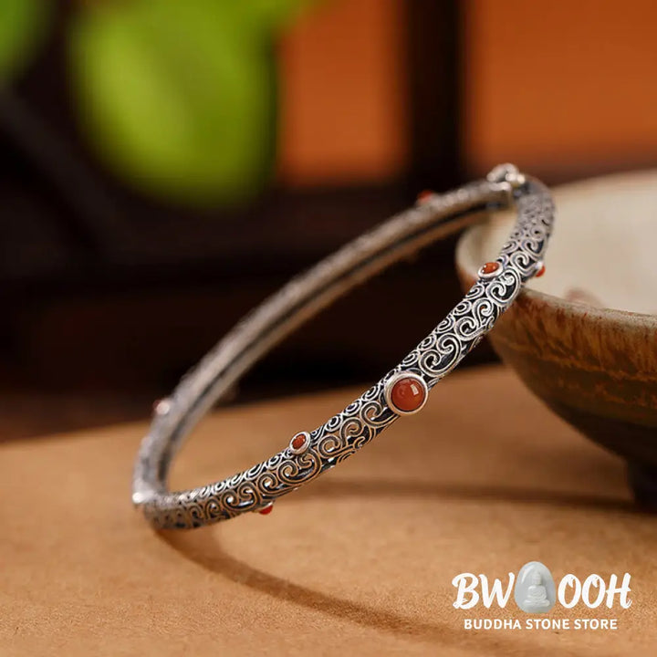 Vintage Tang Dynasty Flower Design Engraved Red Agate Copper Luck Bracelet Bangle - Tang Dynasty Flower
