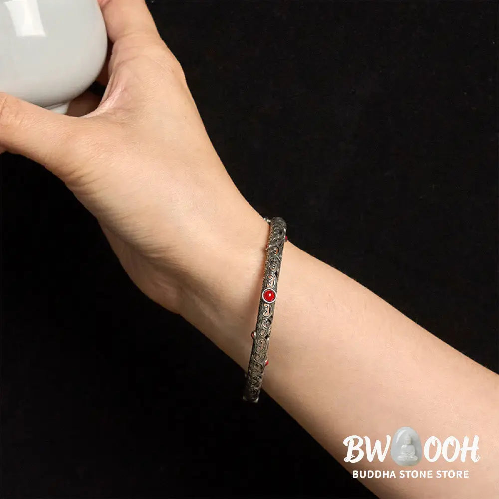 Vintage Tang Dynasty Flower Design Engraved Red Agate Copper Luck Bracelet Bangle - Tang Dynasty Flower