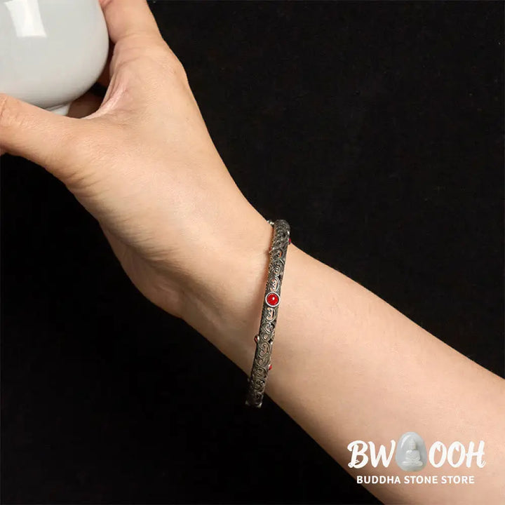 Vintage Tang Dynasty Flower Design Engraved Red Agate Copper Luck Bracelet Bangle - Tang Dynasty Flower