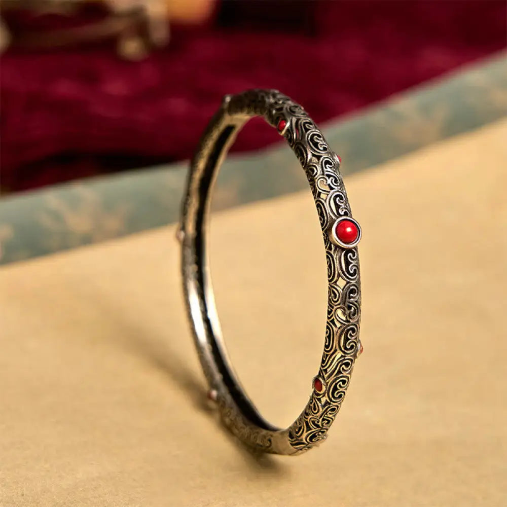 Vintage Tang Dynasty Flower Design Engraved Red Agate Copper Luck Bracelet Bangle - Tang Dynasty Flower
