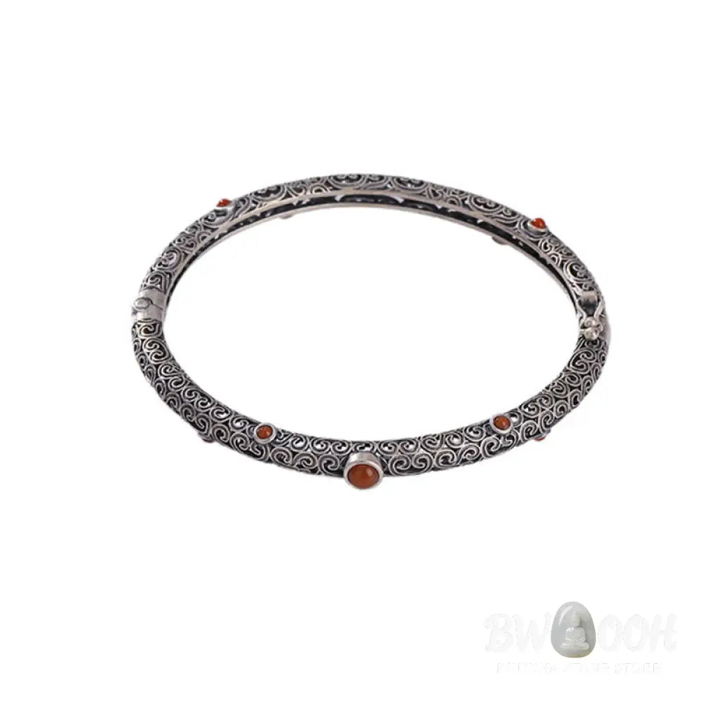 Vintage Tang Dynasty Flower Design Engraved Red Agate Copper Luck Bracelet Bangle - Tang Dynasty Flower