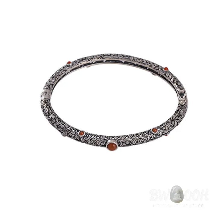 Vintage Tang Dynasty Flower Design Engraved Red Agate Copper Luck Bracelet Bangle - Tang Dynasty Flower