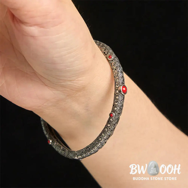 Vintage Tang Dynasty Flower Design Engraved Red Agate Copper Luck Bracelet Bangle - Tang Dynasty Flower