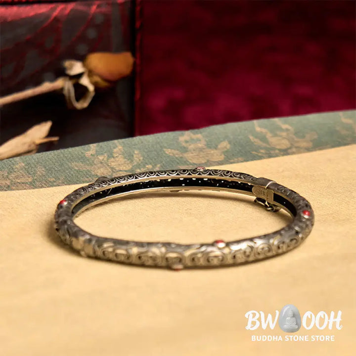 Vintage Tang Dynasty Flower Design Engraved Red Agate Copper Luck Bracelet Bangle - Tang Dynasty Flower