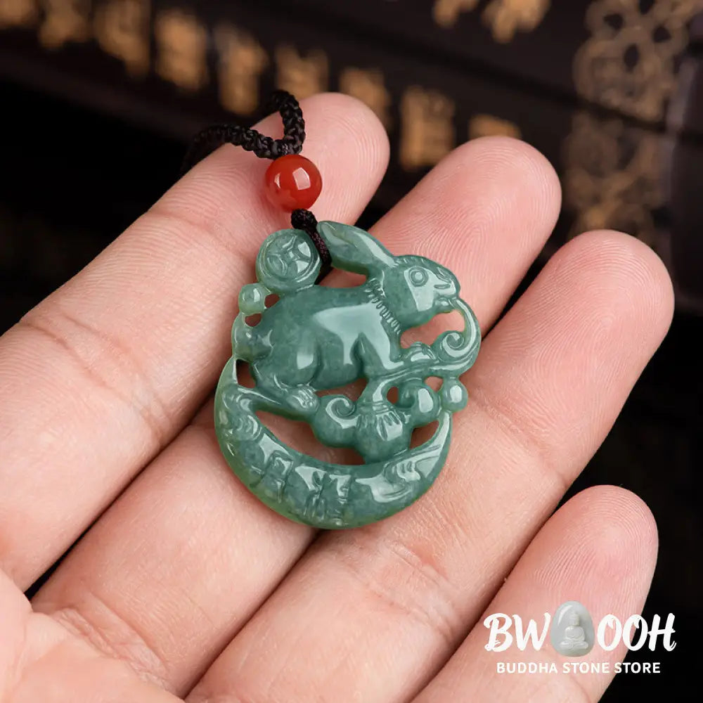 BWOOOH handcrafted Year of the Rabbit Jade Luck Crescent Moon Necklace Pendant: a polished natural jade (31x26x5.5mm) with subtle rabbit carving, on a 50cm chain. Unisex design for prosperity, protection, and spiritual balance. - View 4