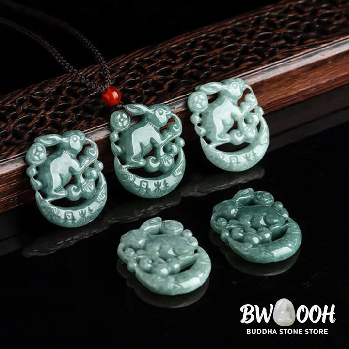 BWOOOH handcrafted Year of the Rabbit Jade Luck Crescent Moon Necklace Pendant: a polished natural jade (31x26x5.5mm) with subtle rabbit carving, on a 50cm chain. Unisex design for prosperity, protection, and spiritual balance. - View 3